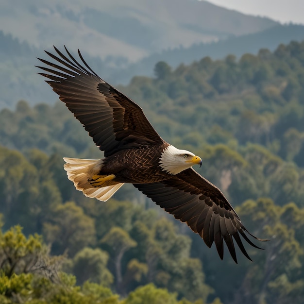 an eagle with a white head and yellow beak is flying in the air