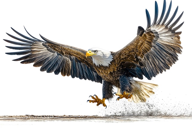 an eagle with a white head and yellow feet is flying in the air on a white background