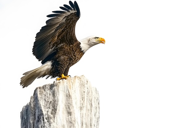 an eagle with a white head and yellow feet is flying in the air on a white background