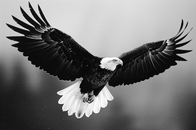 an eagle with a white patch on its wings is flying in the air