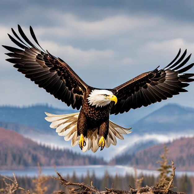 an eagle with a white patch on its wings is flying in the sky