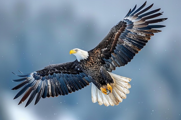 an eagle with a yellow beak is flying in the air