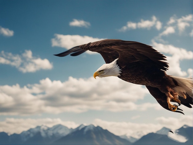 An eagle with a yellow beak is flying in the sky.