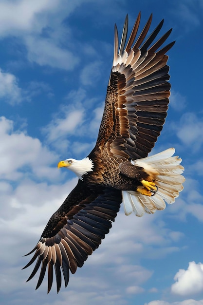 an eagle with a yellow beak and white feathers on its wings