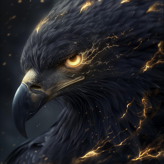 an eagle with a yellow eye and a black background