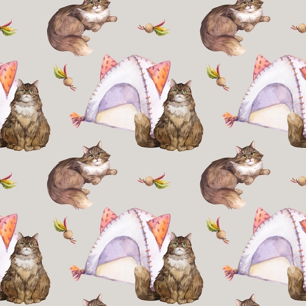 Eamless watercolor pattern with cats on a colored background