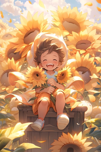 Earbud solar term summer sunflower field children's scene illustration