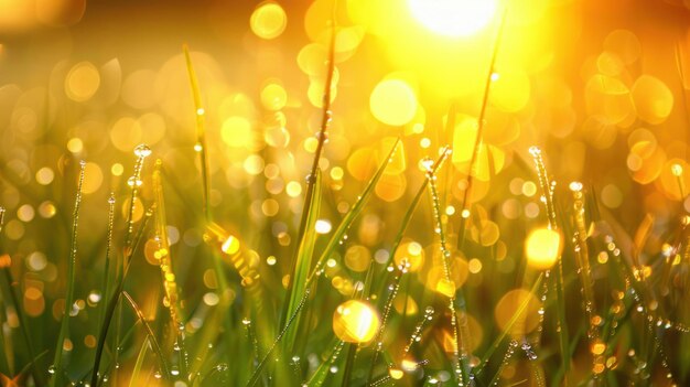 In the early light dewkissed blades of grass shimmer with freshness