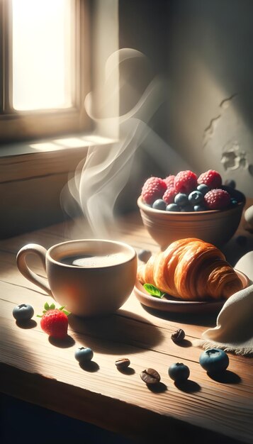 An early morning breakfast scene featuring a cup of steaming coffee