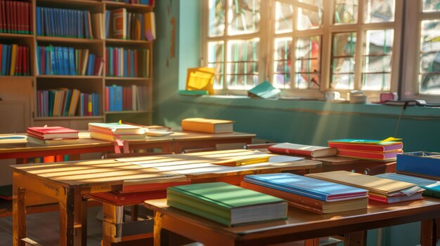 Photo early morning classroom setup with books and supplies monday morning