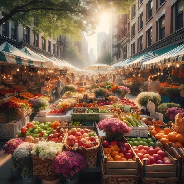 An early morning farmers market scene is bustling under the summer sun with stalls of fresh