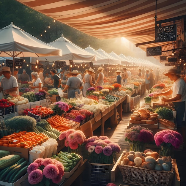 An early morning farmers market scene is bustling under the summer sun with stalls of fresh