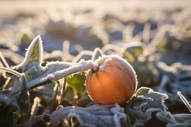 Photo early morning frost on pumpkin