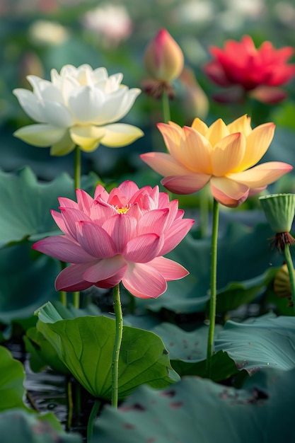 In the early morning in the lotus pond in the valley there are several lotus flowers blooming in d