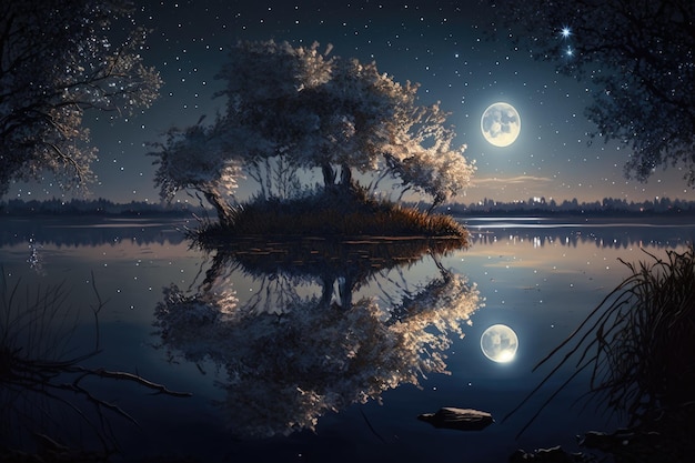 Early in the morning the moon and stars above the lake reflect tree and shrub outlines in the water