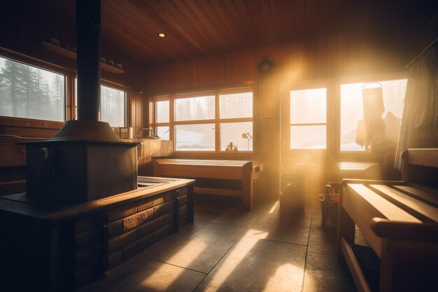 Early Morning Sauna in Snowy Mountain Hostel with Sunlit Windows and Sunrise