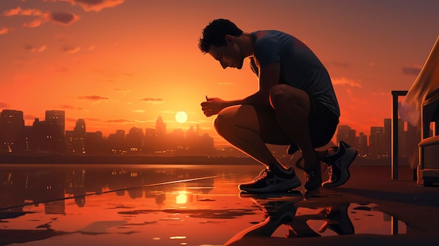 An early morning scene of a runner lacing up their shoes