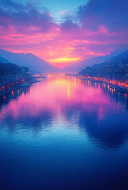 Photo early morning sunrise over the harbor with soft warm light illuminating the water and creating vibrant reflections on the surface