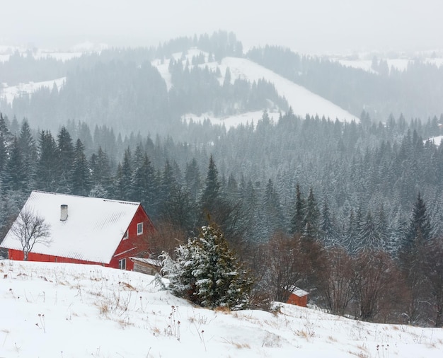 Early morning winter mountain village landscape