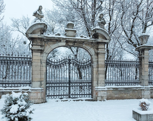 Early morning winter St George Cathedral courtyard Lviv Ukraine