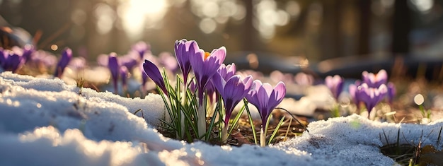 Early spring crocuses through melting snow winter to spring background