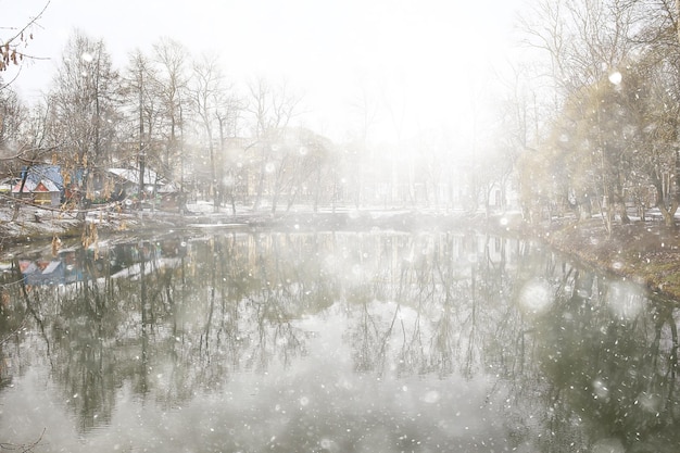 early spring in the forest, snowfall, abstract landscape background in nature, seasonal calendar view