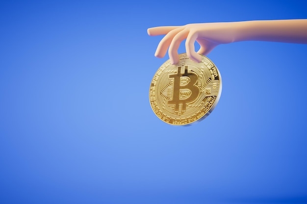 Earnings on cryptocurrency Bitcoin coin in hand on a blue background 3D render