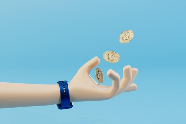 Earnings on cryptocurrency hand and bitcoin coins on a blue background 3D render