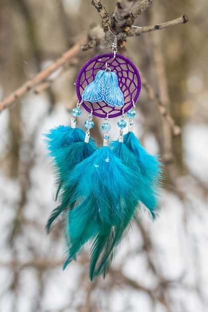 Earrings of Dreamcatcher made of feathers leather beads and ropes hanging