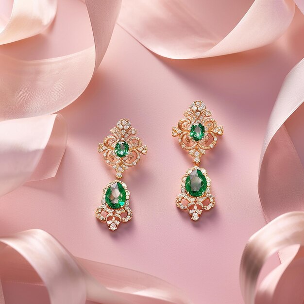 earrings with a pink ribbon and green diamond