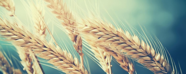 Ears of golden wheat in sunny day over blue sky Close up beauty nature field background