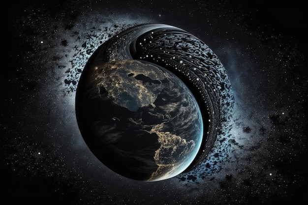 Earth as a planet in space spinning Its nighttime on one side of the planet