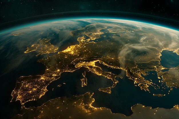 Earth background space atmospheric view of the Mediterranean Europe illuminated cityscape