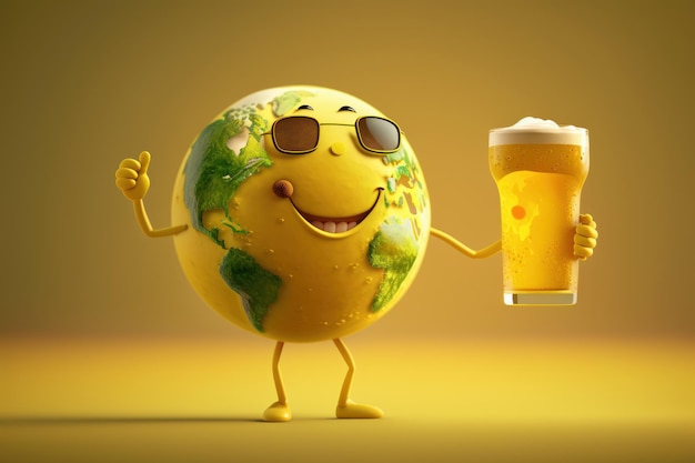 Earth Character Holding Glass of Beer Background International Beer Day Generative Ai