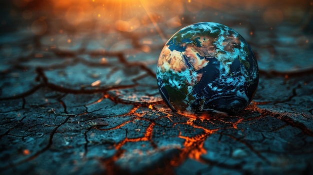 Photo earth on cracked ground with fiery glowxa