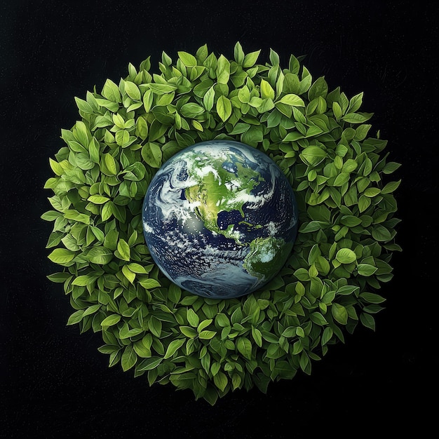 Photo earth cradled in green leaves symbolizing nature and harmony