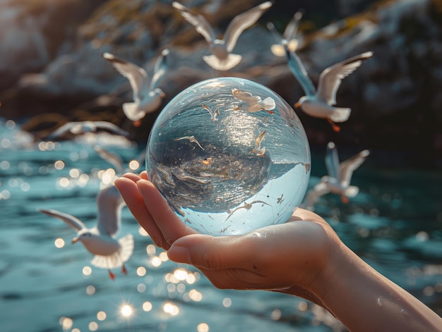 Earth crystal glass globe ball in human hand flying seagulls blue sea background