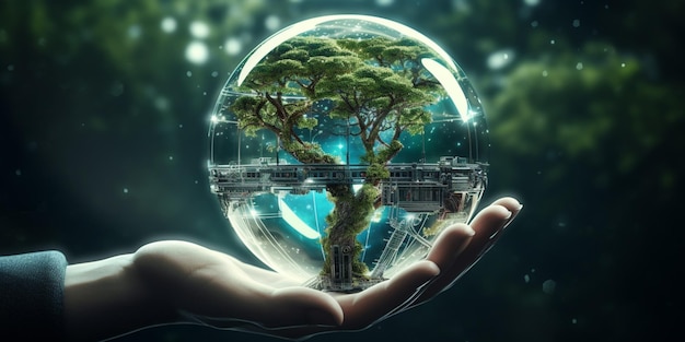 Earth crystal glass globe ball and tree in robot hand saving the environment save a clean planet