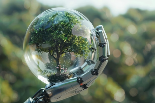 Earth crystal glass globe ball with tree inside on robot hand saving the environment