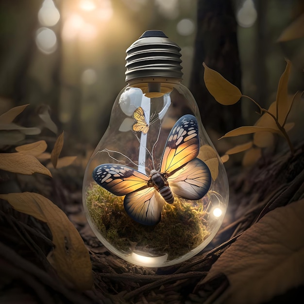 Earth Day butterfly in a light bulb against the backdrop of an autumn forest