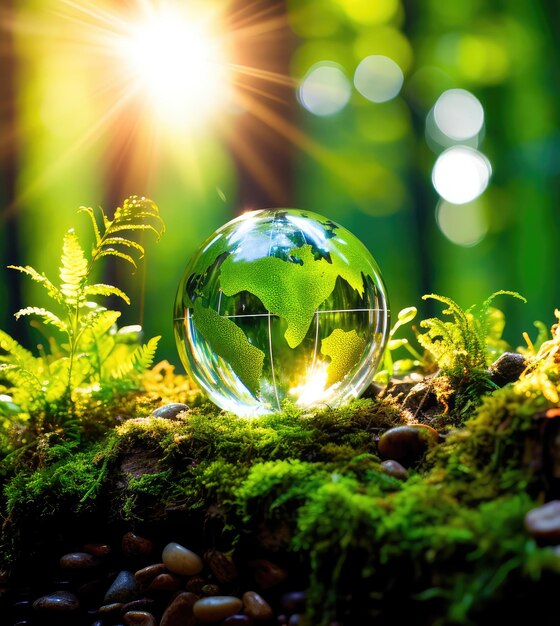 Earth day concept Crystalline earth on the soil in the forest with moss and sunlight Generative AI