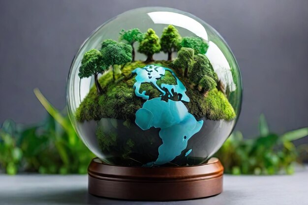 Earth Day concept Glass globe in eco friendly environment Stock photo for World Environment