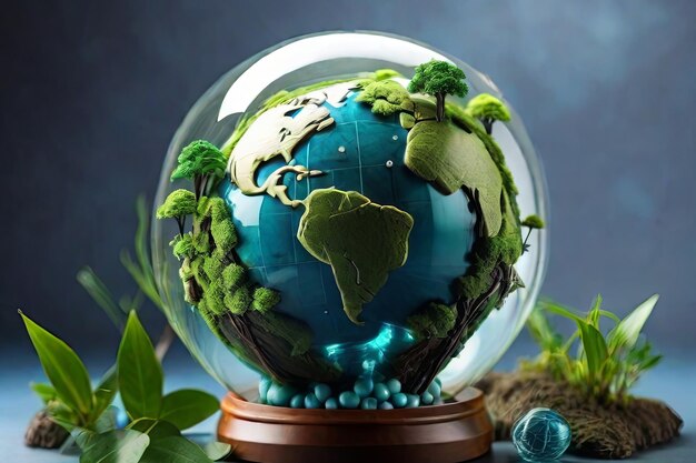 Earth Day concept Glass globe in eco friendly environment Stock photo for World Environment