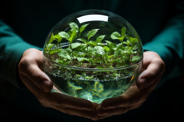 Earth day concept green hands holding fresh small sprouts growing in lush green grass