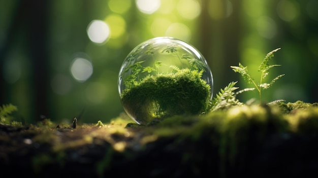 Earth Day the environment and a green globe nestled in a forest adorned with moss defocused abstract sunlight to create a composition or scene in a minimalist modern style