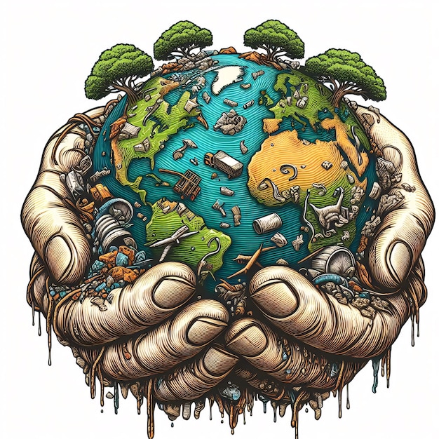 EARTH DAY ILLUSTRATION SAVE THE EARTH A DRAWING OF A HAND HOLDING THE GLOBE FIXING WITH GREEN TREE