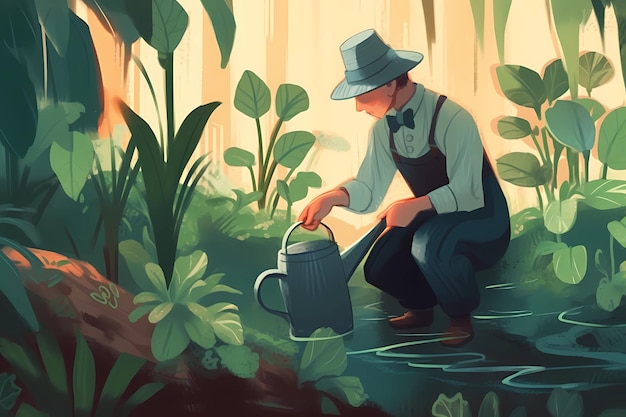 On Earth Day a man digitally paints himself watering plants in a garden Generative AI