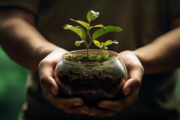 Earth day man holding soil with newly plant Save earth