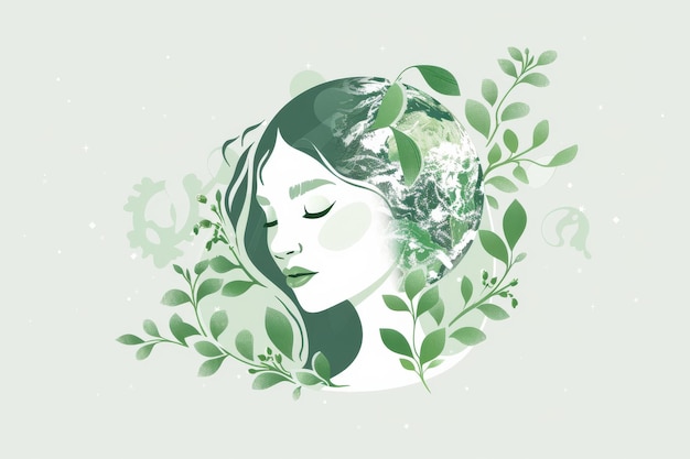 Earth Day with the Natural World Green Face women and planet earth illustration Vector Minimal Style