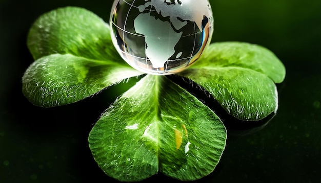 Photo earth day world globe in water drop on cloverleaf